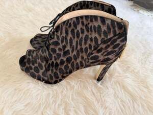 Louise et Cie Vernonia Leopard Print Real Cow Hair Peep Toe Lace-Up Booties
